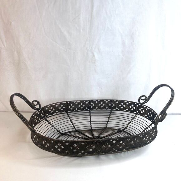 Metal Oval Shaped Bread Fruit Basket Sourdough MCM w/ Handles Decorative - Picture 7 of 7